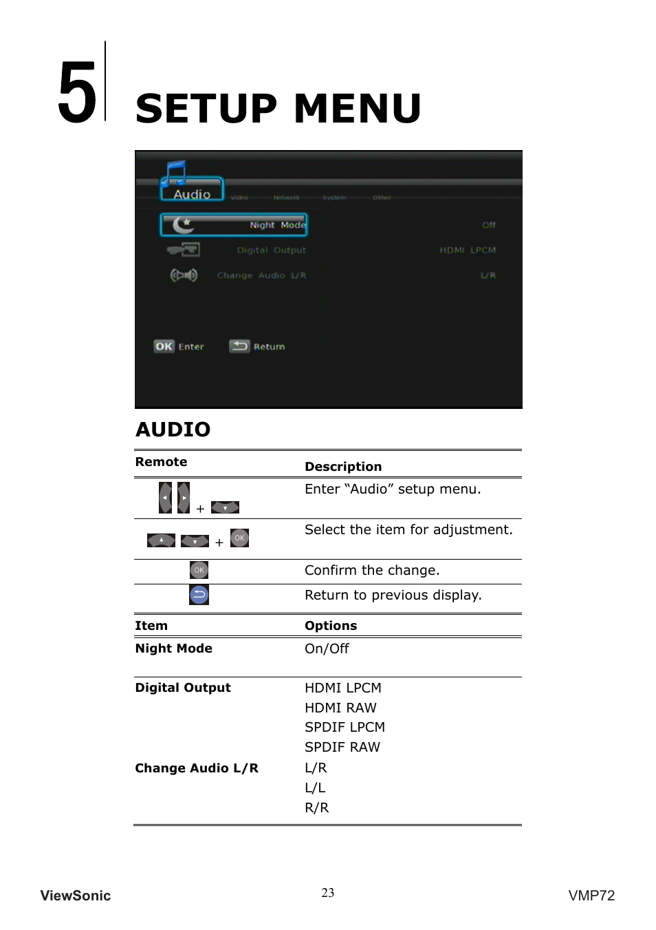 Setup menu, Audio | VIEWSONIC VS13057 User Manual | Page 27 / 34