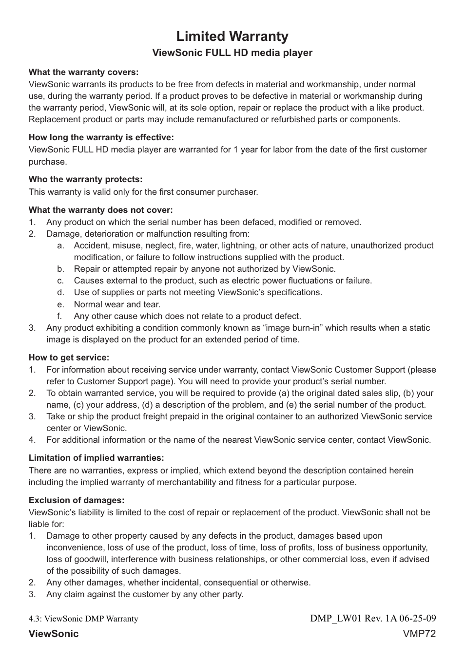 Limited warranty | VIEWSONIC VS13057 User Manual | Page 33 / 34