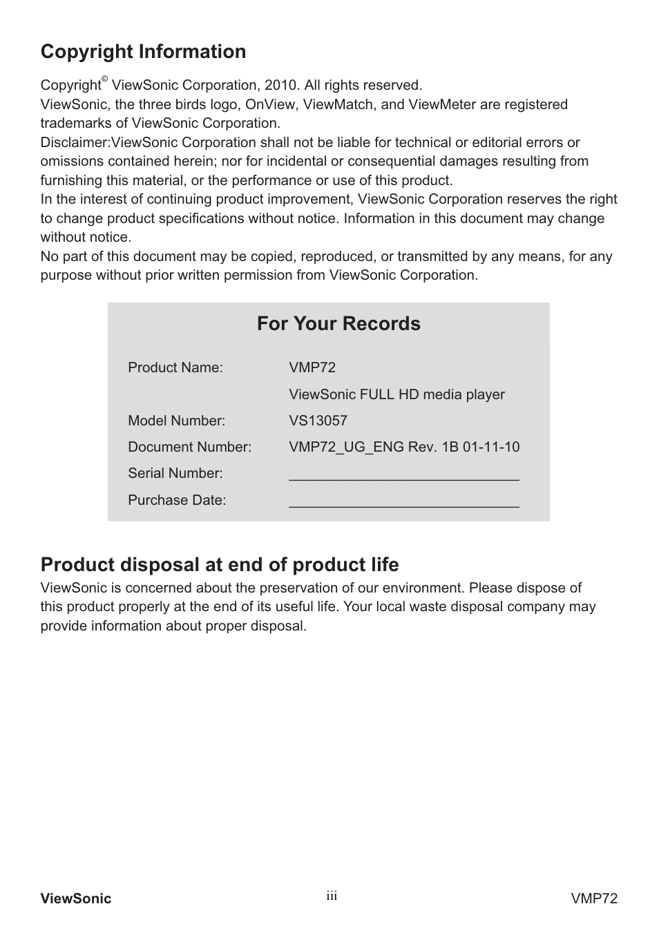 Rs\uljkw,qirupdwlrq, Ru<rxu5hfrugv, 3urgxfwglvsrvdodwhqgrisurgxfwolih | VIEWSONIC VS13057 User Manual | Page 4 / 34