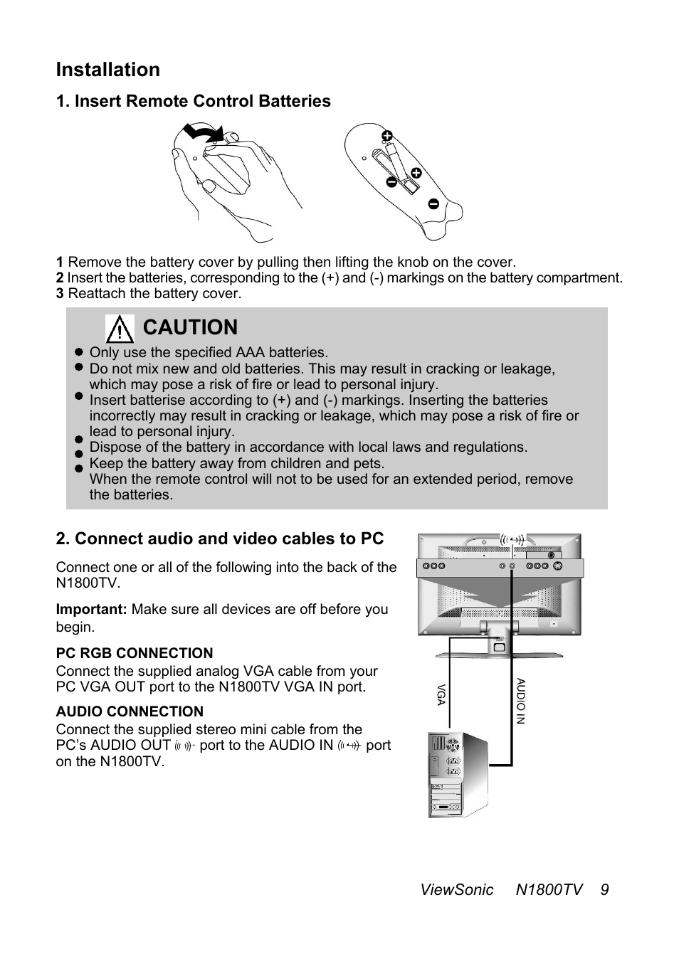 Caution, Installation | VIEWSONIC N1800TV User Manual | Page 10 / 30