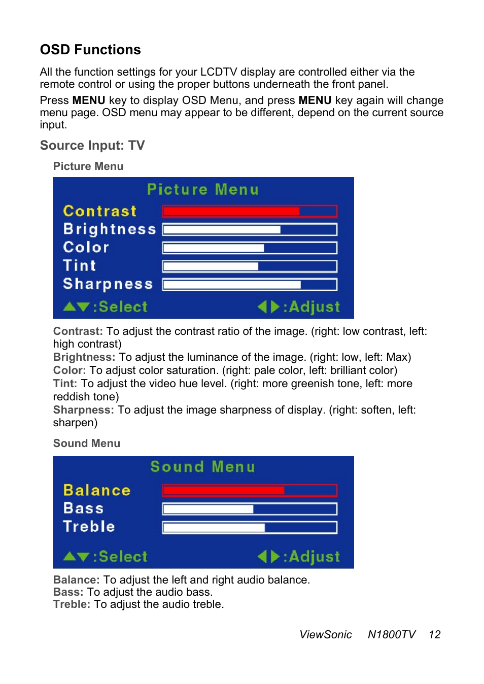 Osd functions | VIEWSONIC N1800TV User Manual | Page 13 / 30