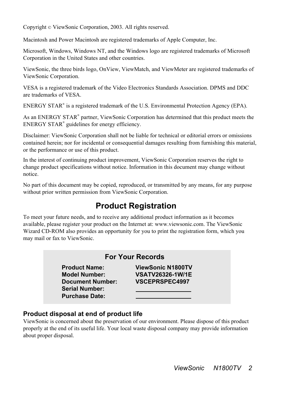 Product registration, For your records, Product disposal at end of product life | VIEWSONIC N1800TV User Manual | Page 3 / 30