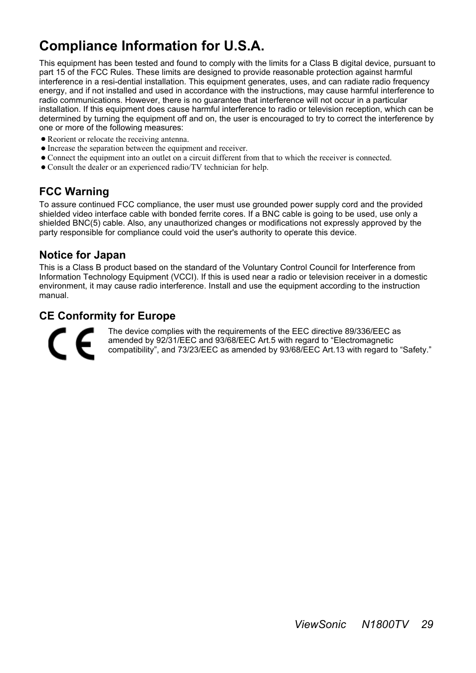 Compliance information for u.s.a | VIEWSONIC N1800TV User Manual | Page 30 / 30