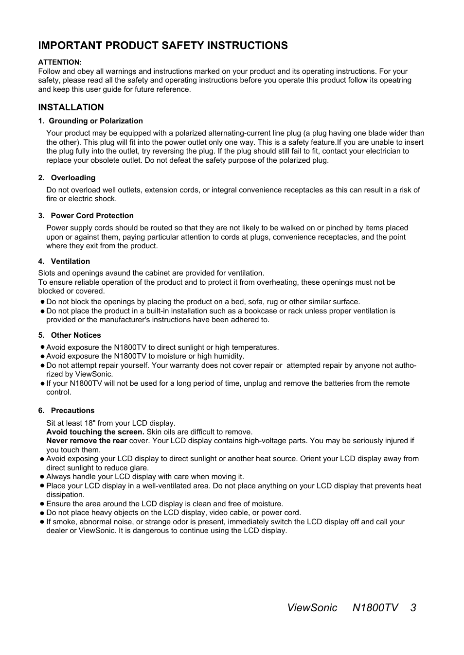 Important product safety instructions | VIEWSONIC N1800TV User Manual | Page 4 / 30