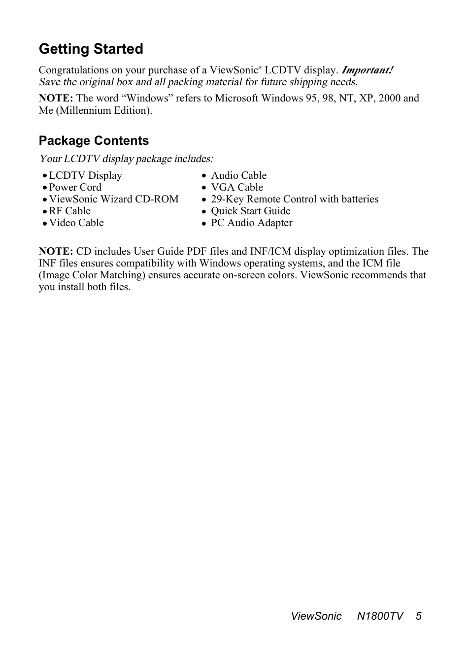 Getting started | VIEWSONIC N1800TV User Manual | Page 6 / 30