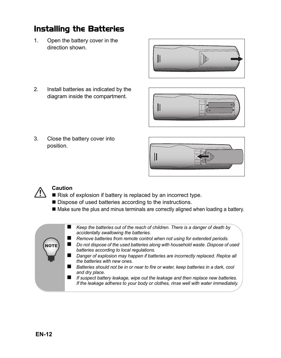 Installing the batteries, Open the battery cover in the direction shown, Close the battery cover into position | Connection ports | VIEWSONIC PJD6251 User Manual | Page 15 / 59