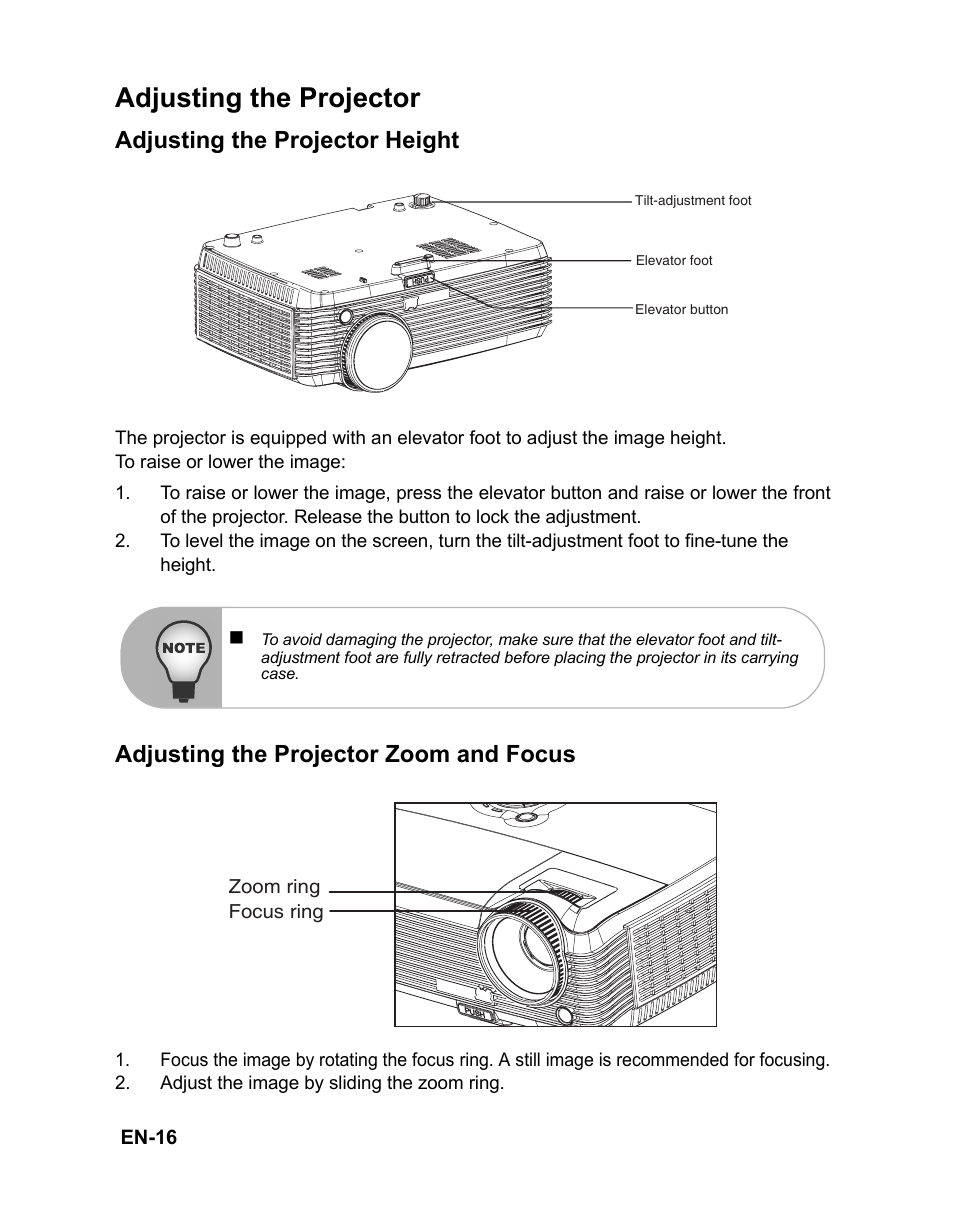 Adjusting the projector, Adjusting the projector height, Adjusting the projector zoom and focus | Adjust the image by sliding the zoom ring, Connecting the projector | VIEWSONIC PJD6251 User Manual | Page 19 / 59