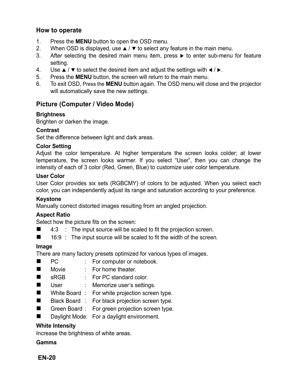 Press the menu button to open the osd menu | VIEWSONIC PJD6251 User Manual | Page 23 / 59