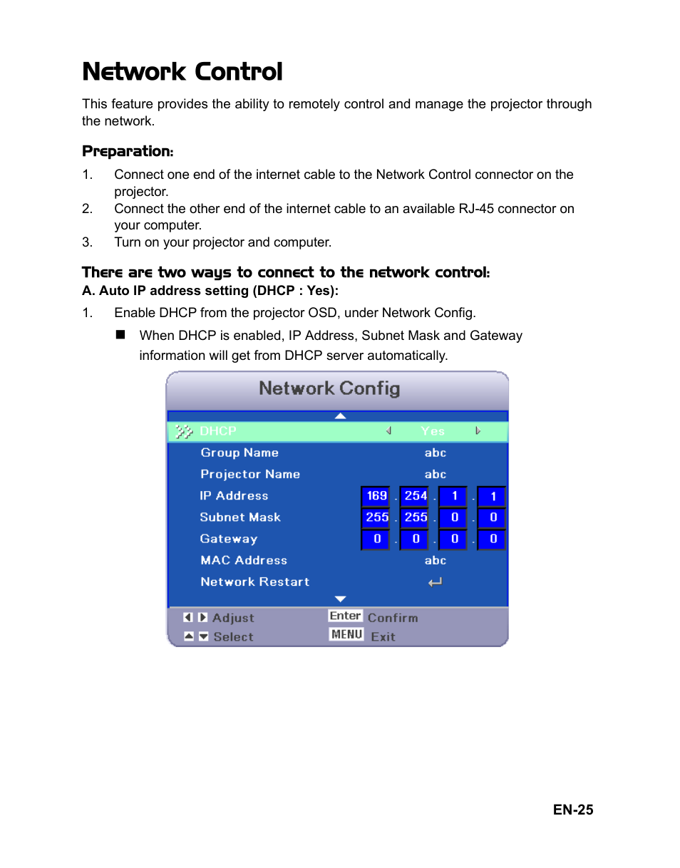 Network control, Turn on your projector and computer, Menu operation | VIEWSONIC PJD6251 User Manual | Page 28 / 59