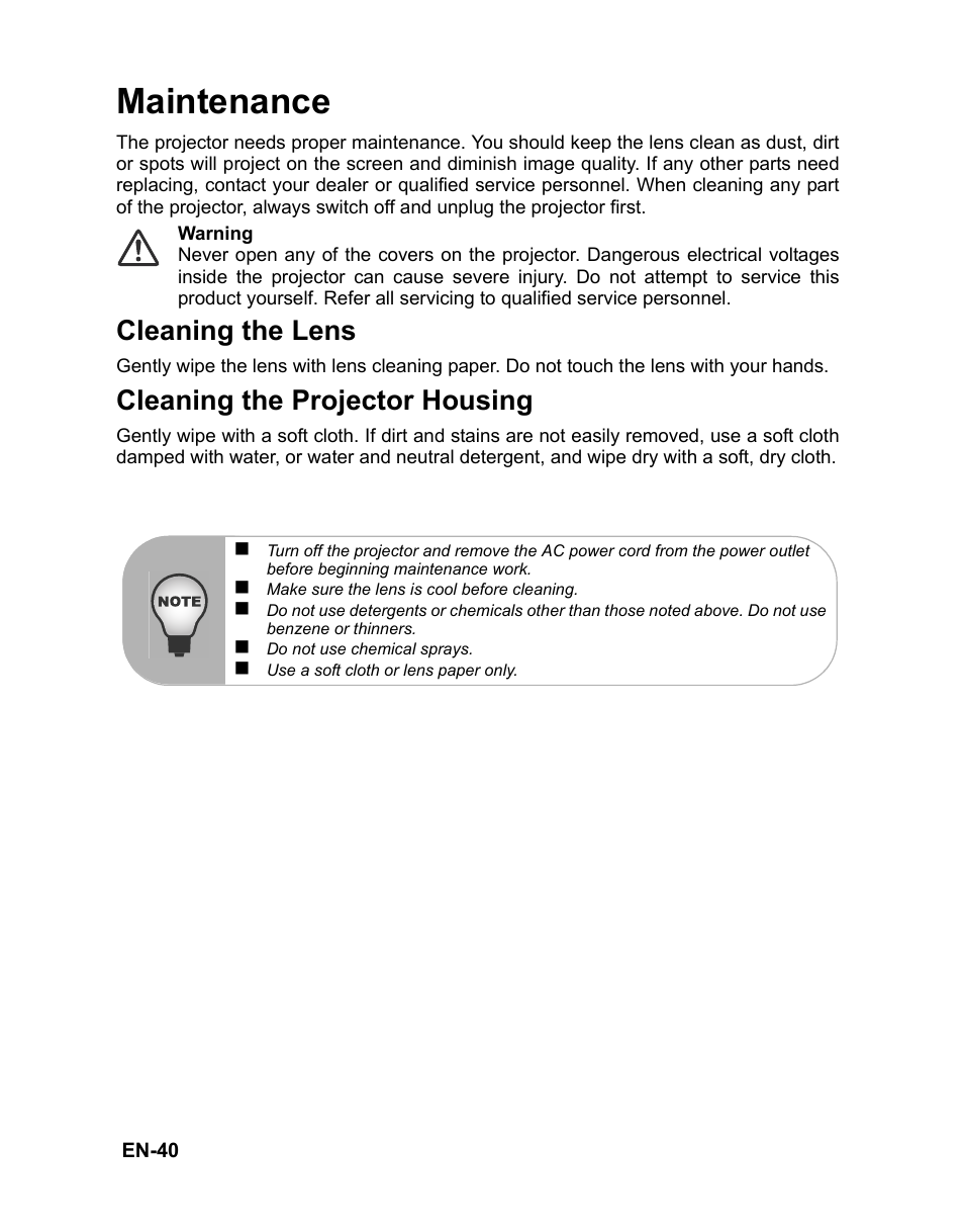 Maintenance, Cleaning the lens, Cleaning the projector housing | Cleaning the filter cover, Remove the filter cover as the illustration shown, Clean the filter cover, Replace the filter cover, Attach the filter cover, Plug the power back into the projector, Network control maintenance | VIEWSONIC PJD6251 User Manual | Page 43 / 59