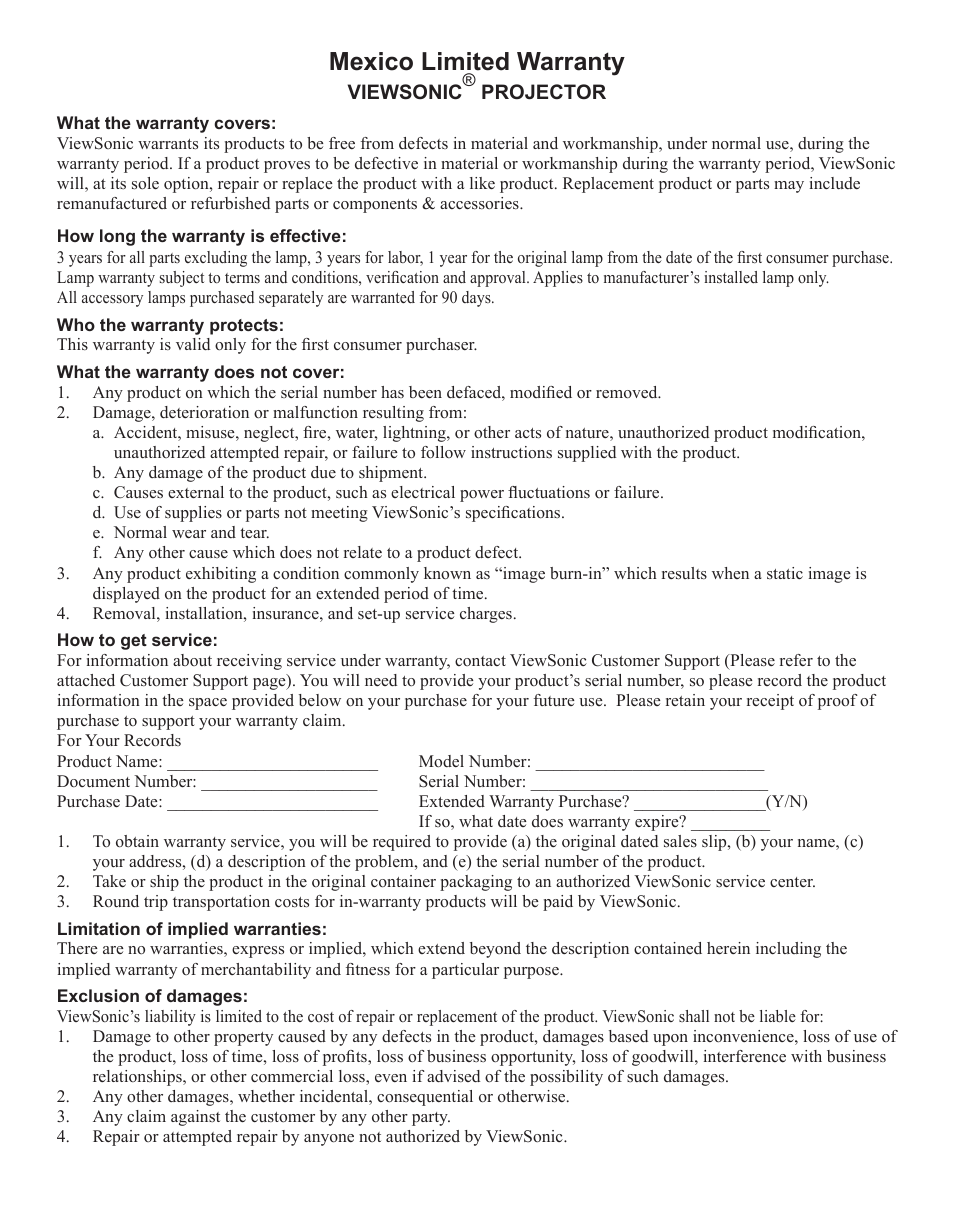 Mexico limited warranty | VIEWSONIC PJD6251 User Manual | Page 57 / 59