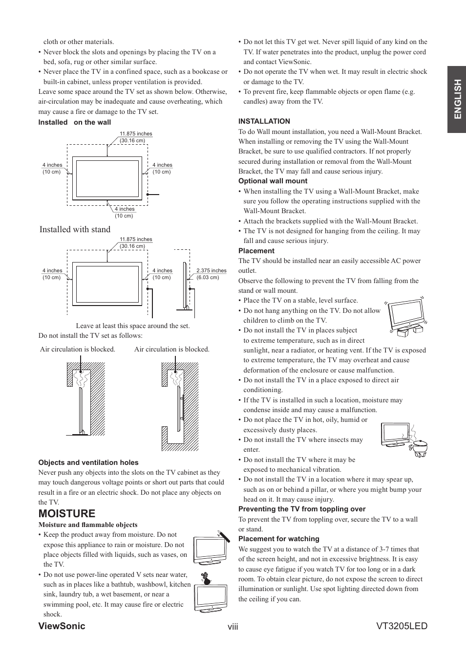 Moisture, Viewsonic vt3205led, English viii | Installed with stand | VIEWSONIC VS13915-1M User Manual | Page 10 / 63