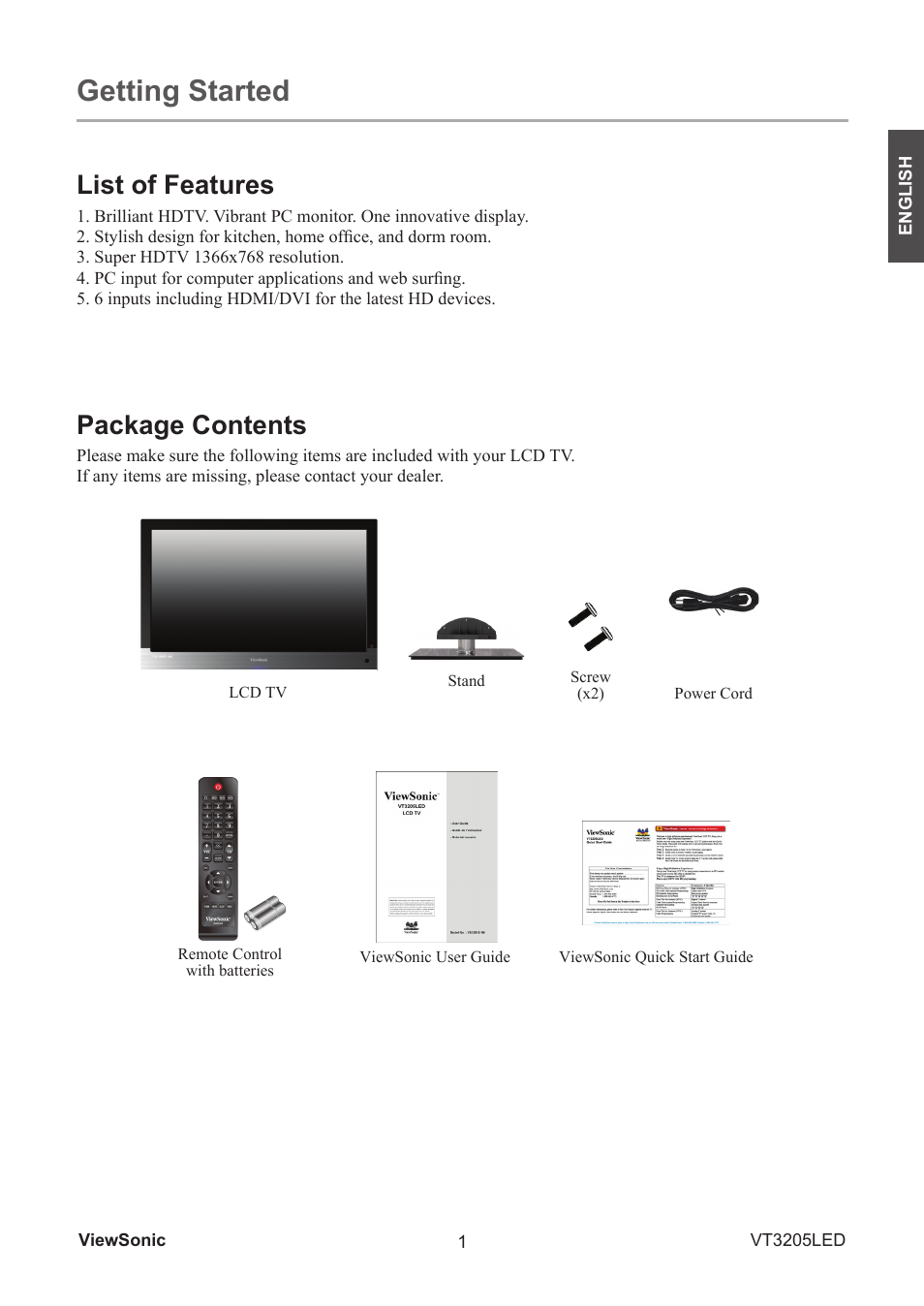 Getting started, Package contents, List of features | VIEWSONIC VS13915-1M User Manual | Page 12 / 63