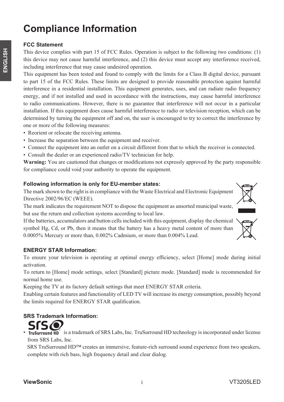 Compliance information | VIEWSONIC VS13915-1M User Manual | Page 3 / 63