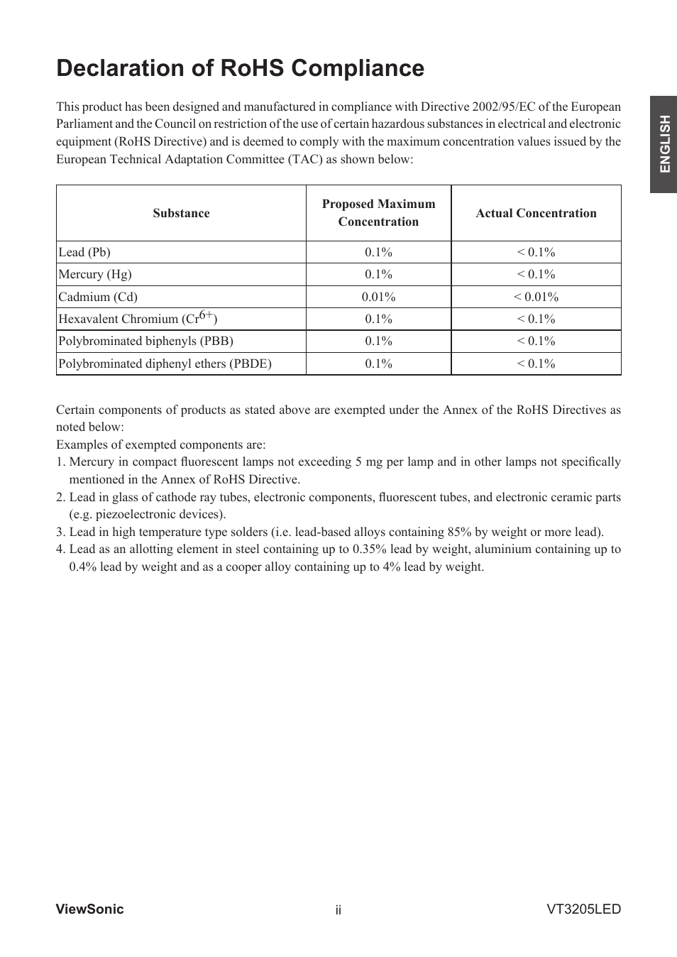 Declaration of rohs compliance | VIEWSONIC VS13915-1M User Manual | Page 4 / 63