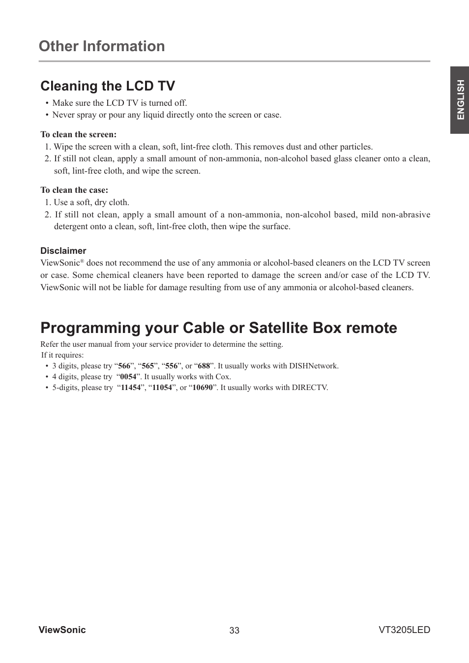 Programming your cable or satellite box remote, Other information, Cleaning the lcd tv | VIEWSONIC VS13915-1M User Manual | Page 44 / 63