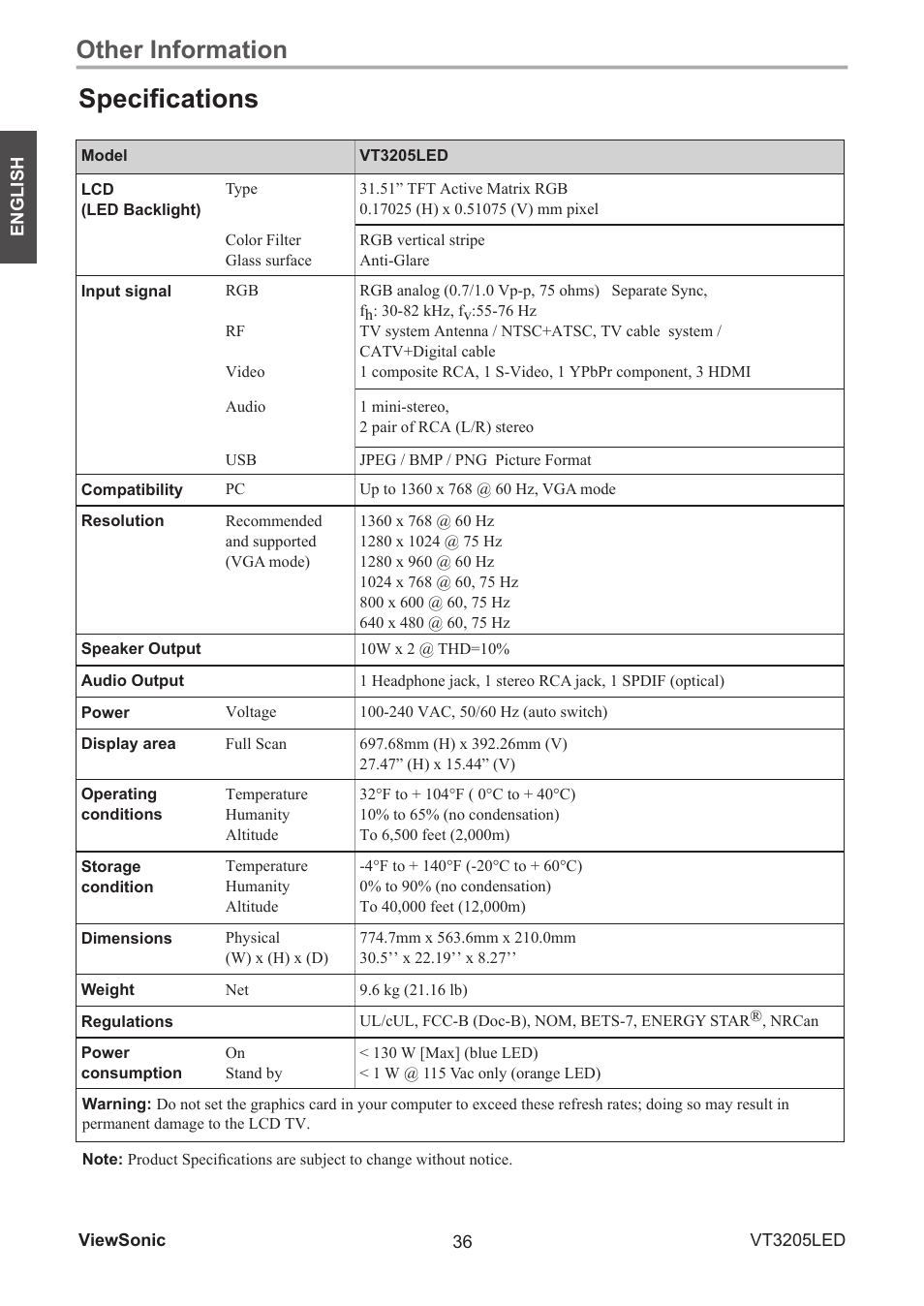 Specifications, Other information | VIEWSONIC VS13915-1M User Manual | Page 47 / 63