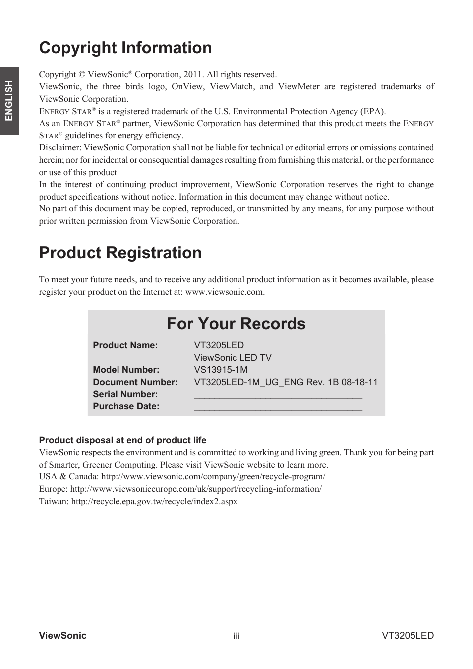 Copyright information, Product registration, For your records | VIEWSONIC VS13915-1M User Manual | Page 5 / 63