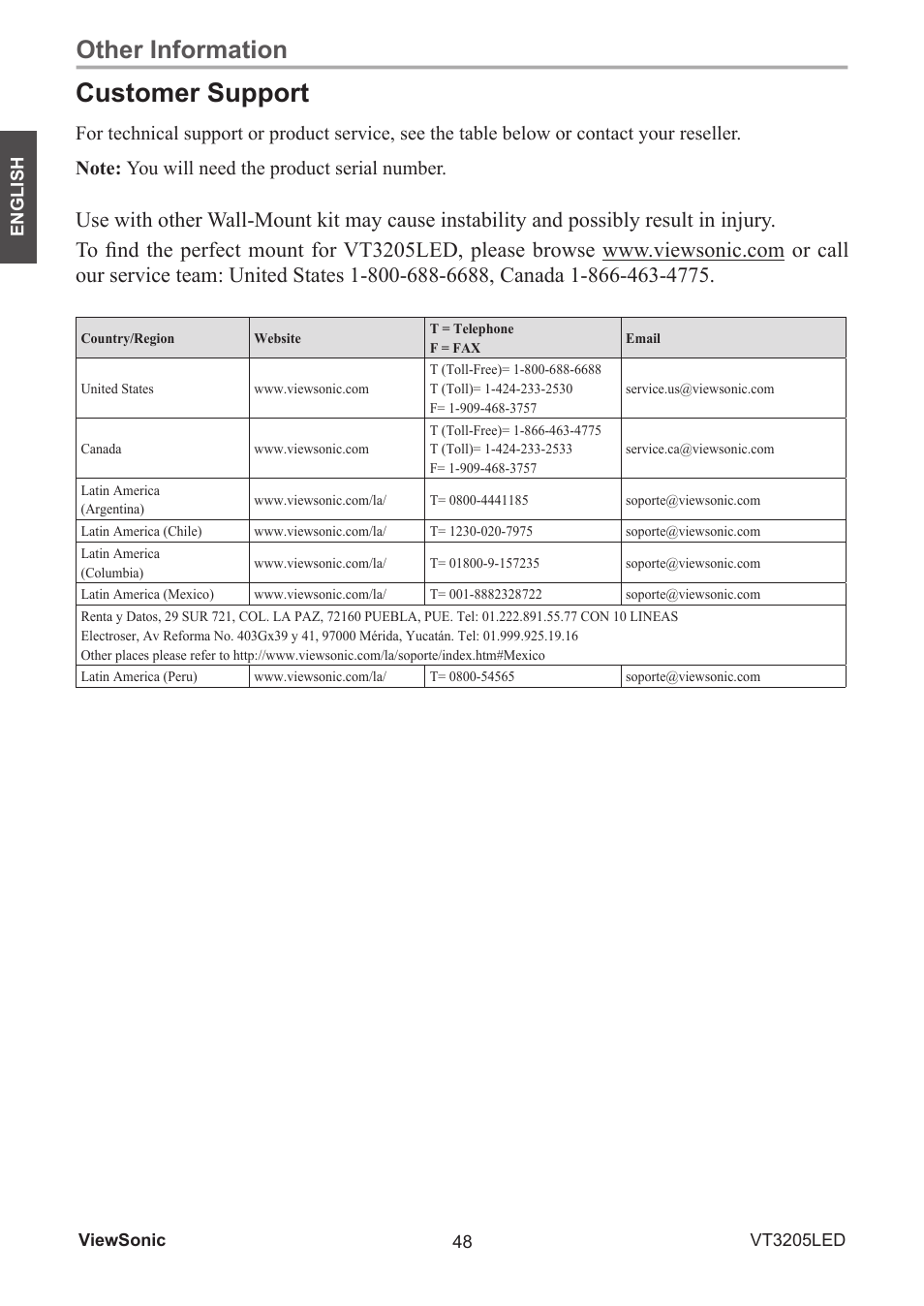 Customer support, Other information | VIEWSONIC VS13915-1M User Manual | Page 59 / 63