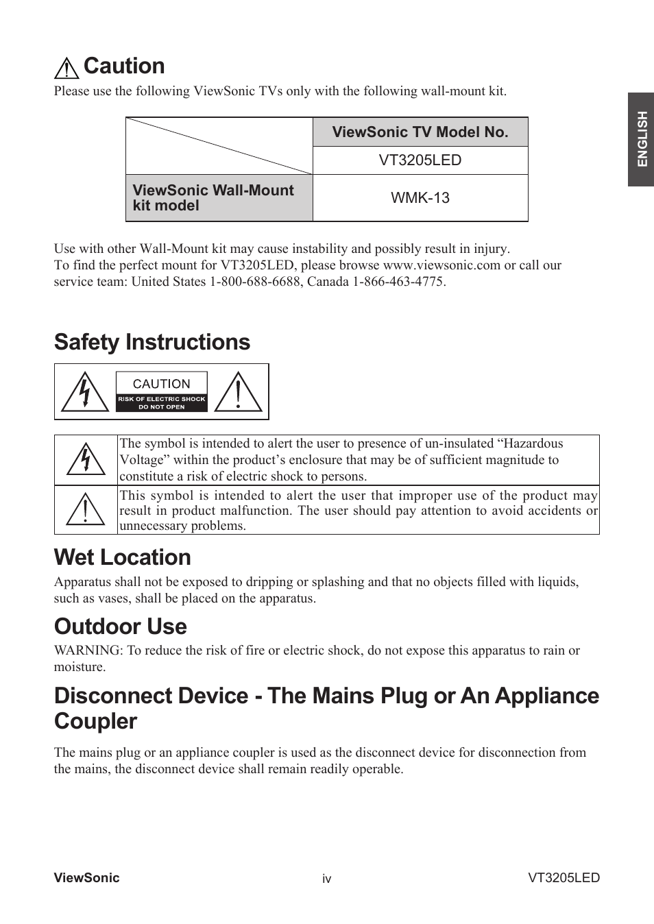 Caution, Safety instructions, Wet location | Outdoor use | VIEWSONIC VS13915-1M User Manual | Page 6 / 63