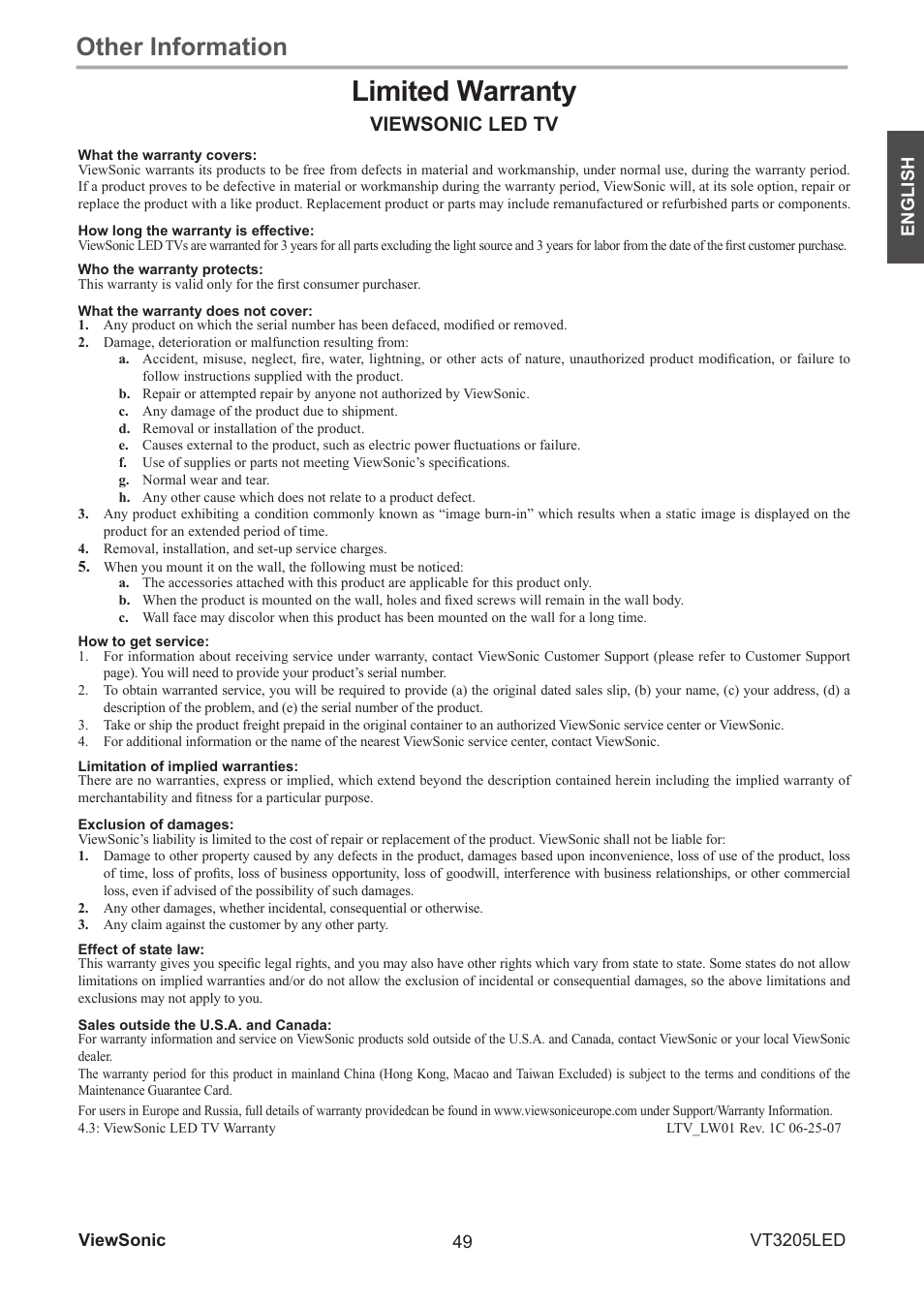 Limited warranty, Other information, Viewsonic led tv | VIEWSONIC VS13915-1M User Manual | Page 60 / 63