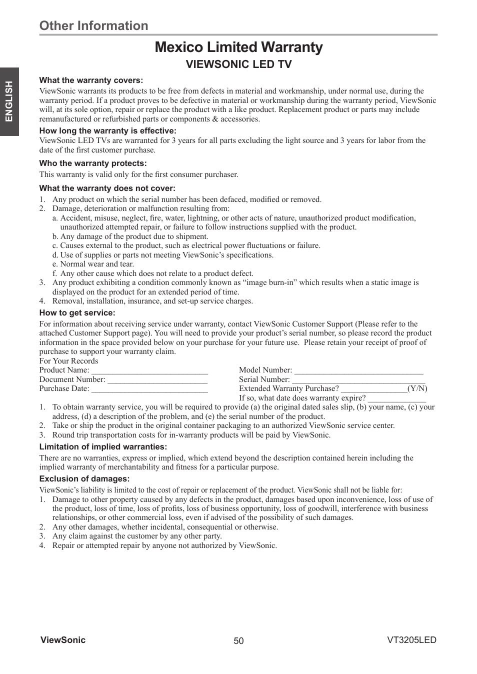 Mexico limited warranty, Other information, Viewsonic led tv | VIEWSONIC VS13915-1M User Manual | Page 61 / 63