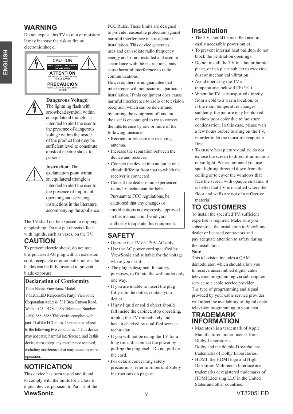 Warning, Caution, Notification | Safety, Installation, Trademark information, Viewsonic vt3205led | VIEWSONIC VS13915-1M User Manual | Page 7 / 63