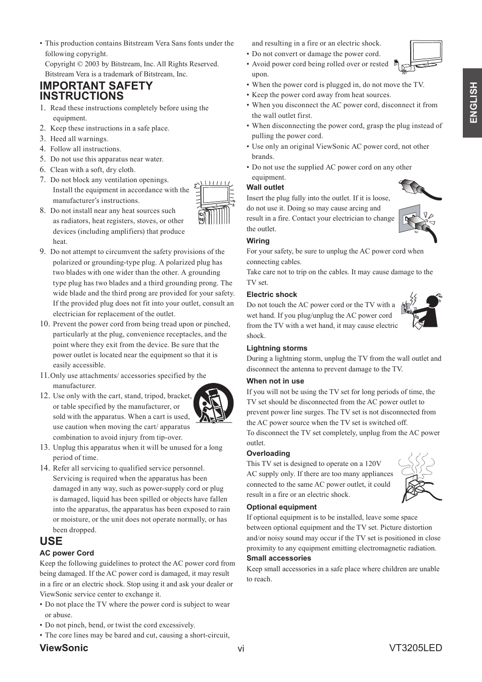 Important safety instructions, Viewsonic vt3205led | VIEWSONIC VS13915-1M User Manual | Page 8 / 63