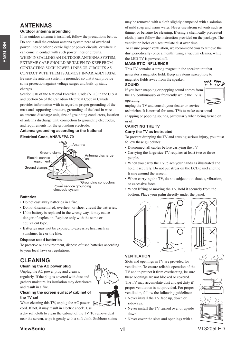 Antennas, Cleaning, Viewsonic vt3205led | English | VIEWSONIC VS13915-1M User Manual | Page 9 / 63