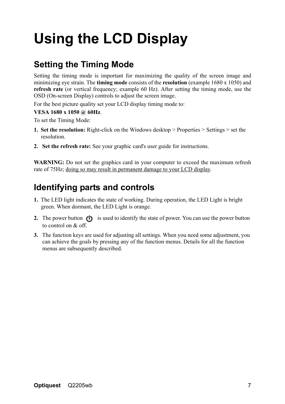 Using the lcd display, Setting the timing mode, Identifying parts and controls | VIEWSONIC OPTIQUEST Q2205WB User Manual | Page 10 / 23