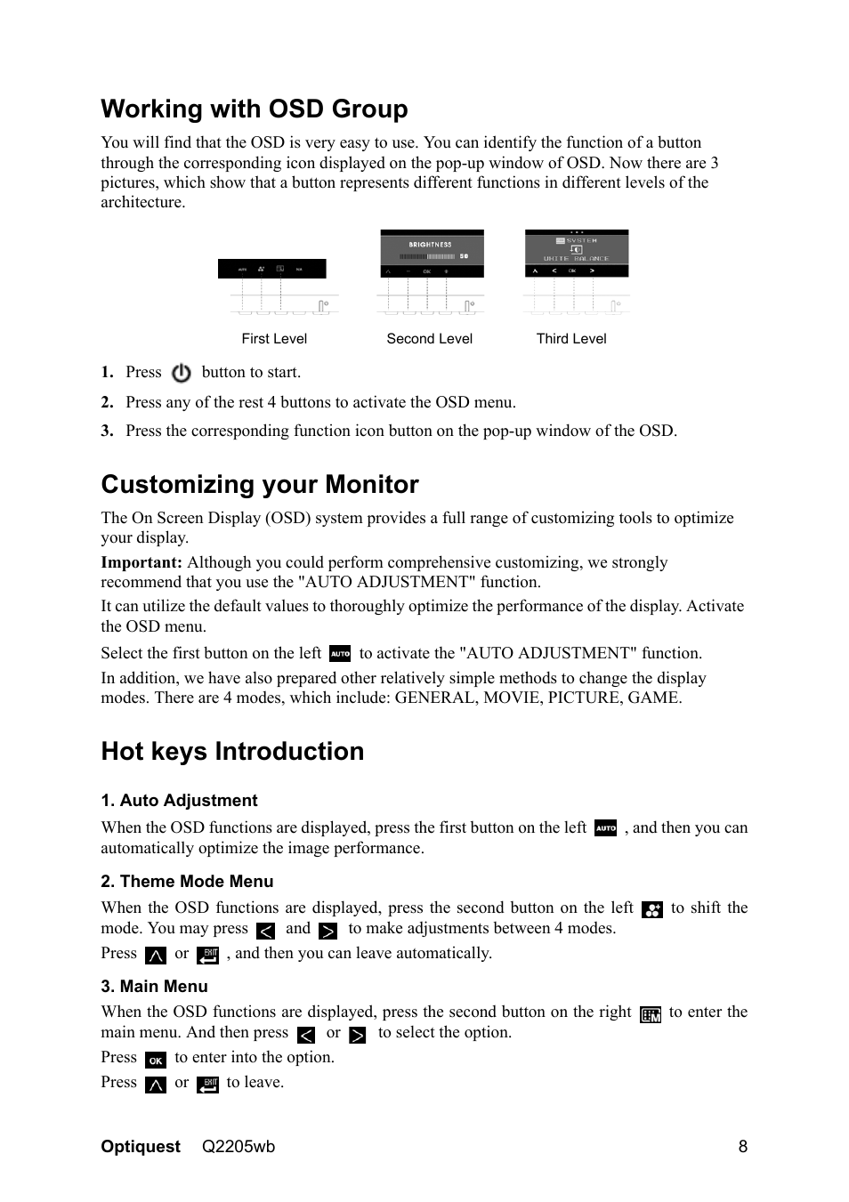 Working with osd group, Customizing your monitor, Hot keys introduction | VIEWSONIC OPTIQUEST Q2205WB User Manual | Page 11 / 23