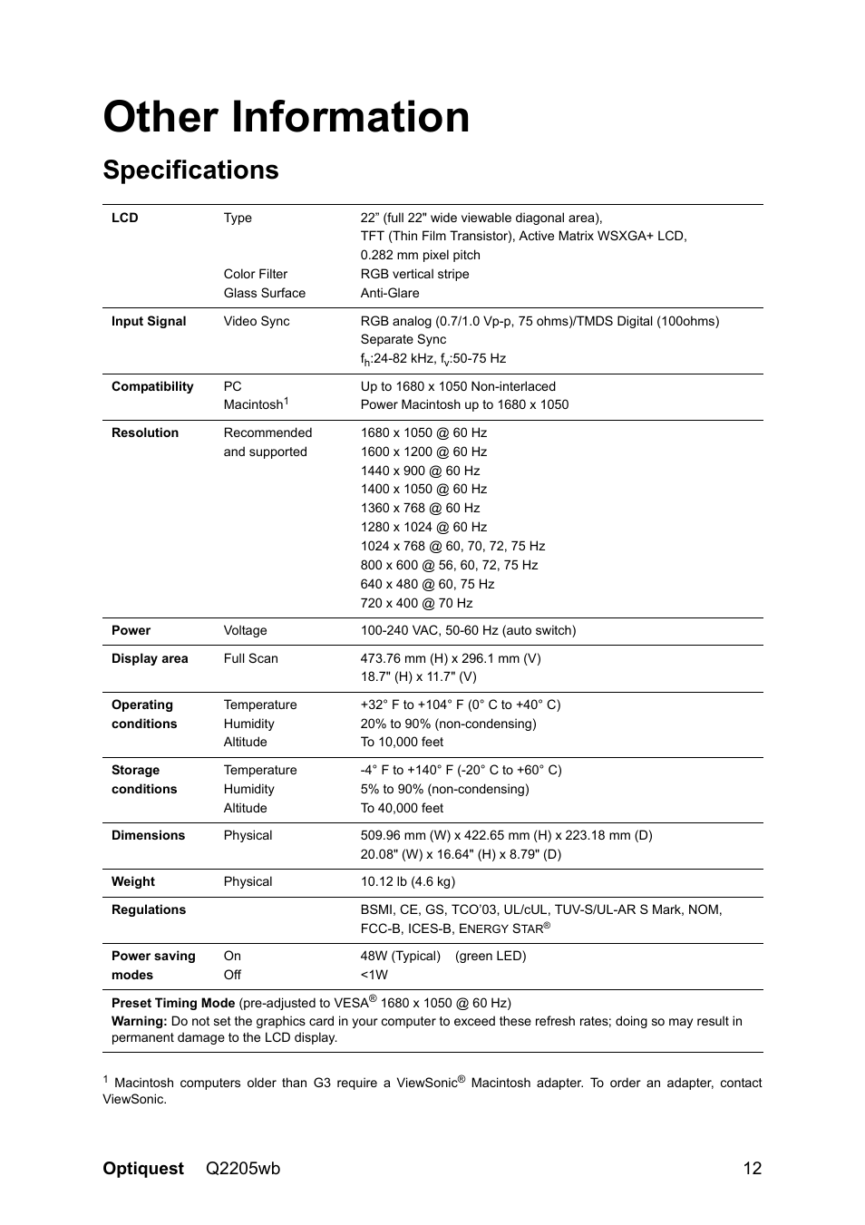 Other information, Specifications | VIEWSONIC OPTIQUEST Q2205WB User Manual | Page 15 / 23