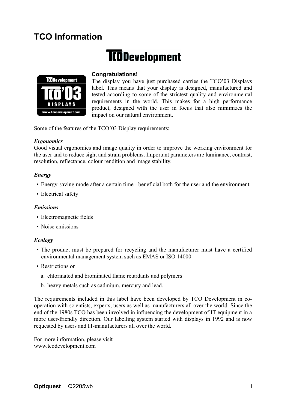 Tco information | VIEWSONIC OPTIQUEST Q2205WB User Manual | Page 3 / 23