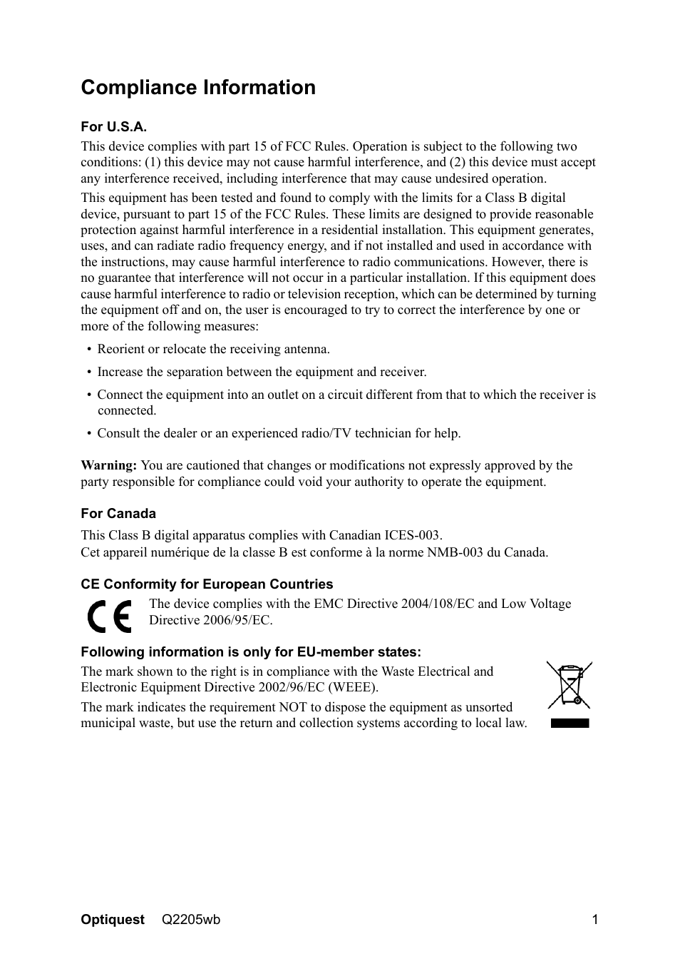 Compliance information | VIEWSONIC OPTIQUEST Q2205WB User Manual | Page 4 / 23