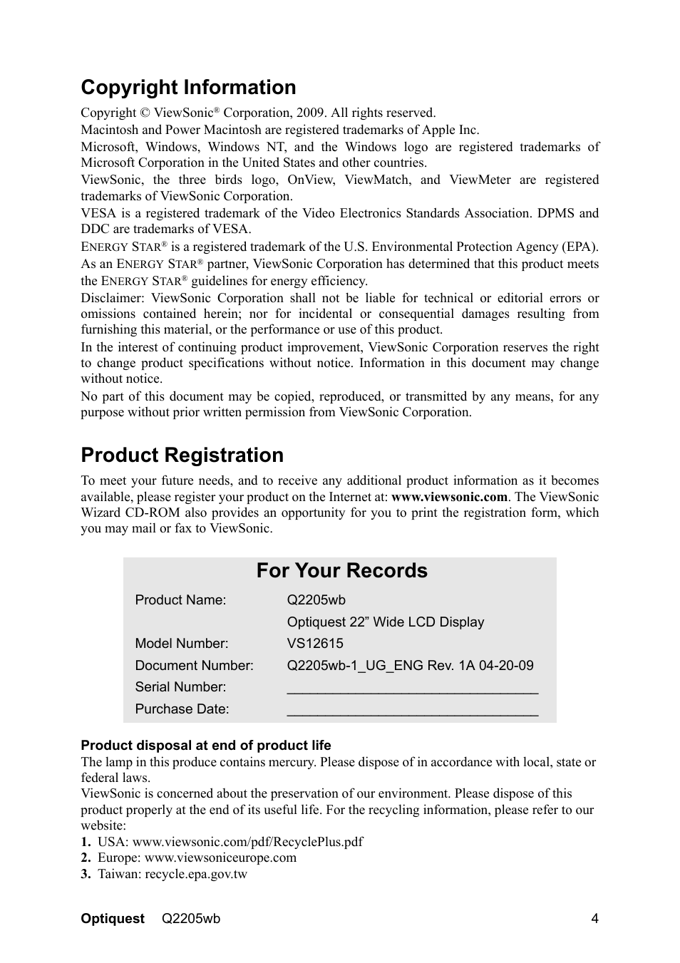 Copyright information, Product registration, For your records | VIEWSONIC OPTIQUEST Q2205WB User Manual | Page 7 / 23