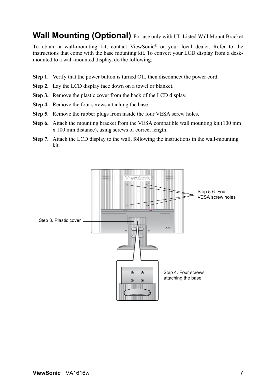 Wall mounting (optional) | VIEWSONIC LCD DISPLAY VA1616W User Manual | Page 10 / 25