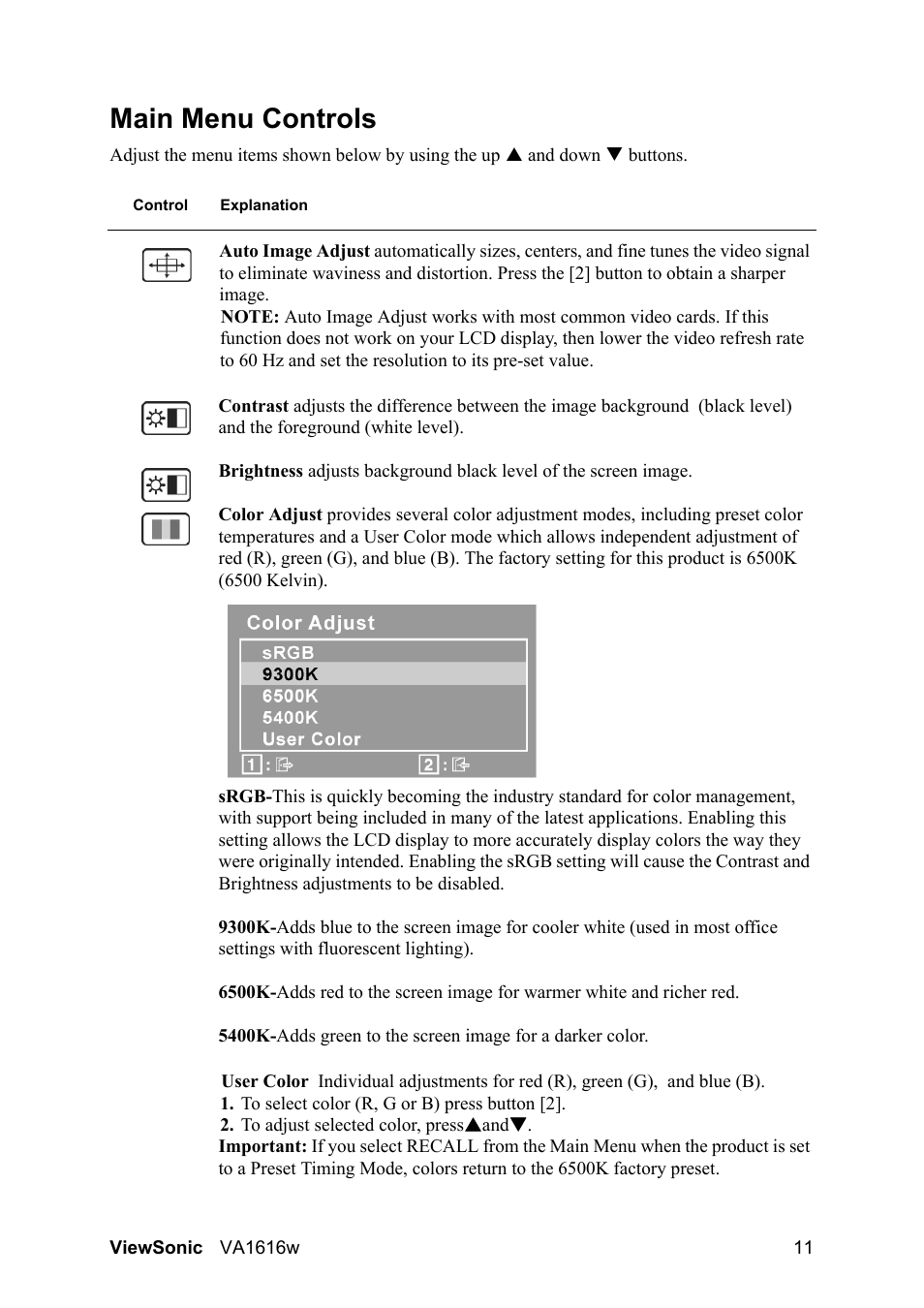 Main menu controls | VIEWSONIC LCD DISPLAY VA1616W User Manual | Page 14 / 25