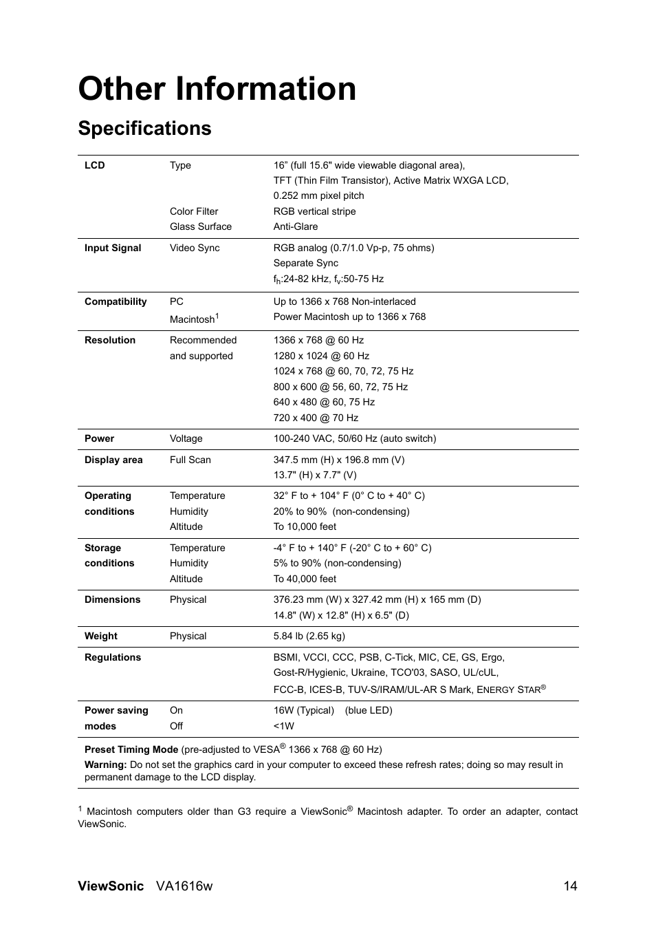 Other information, Specifications | VIEWSONIC LCD DISPLAY VA1616W User Manual | Page 17 / 25