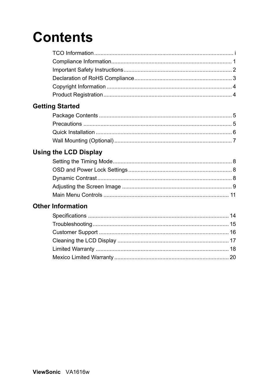 VIEWSONIC LCD DISPLAY VA1616W User Manual | Page 2 / 25