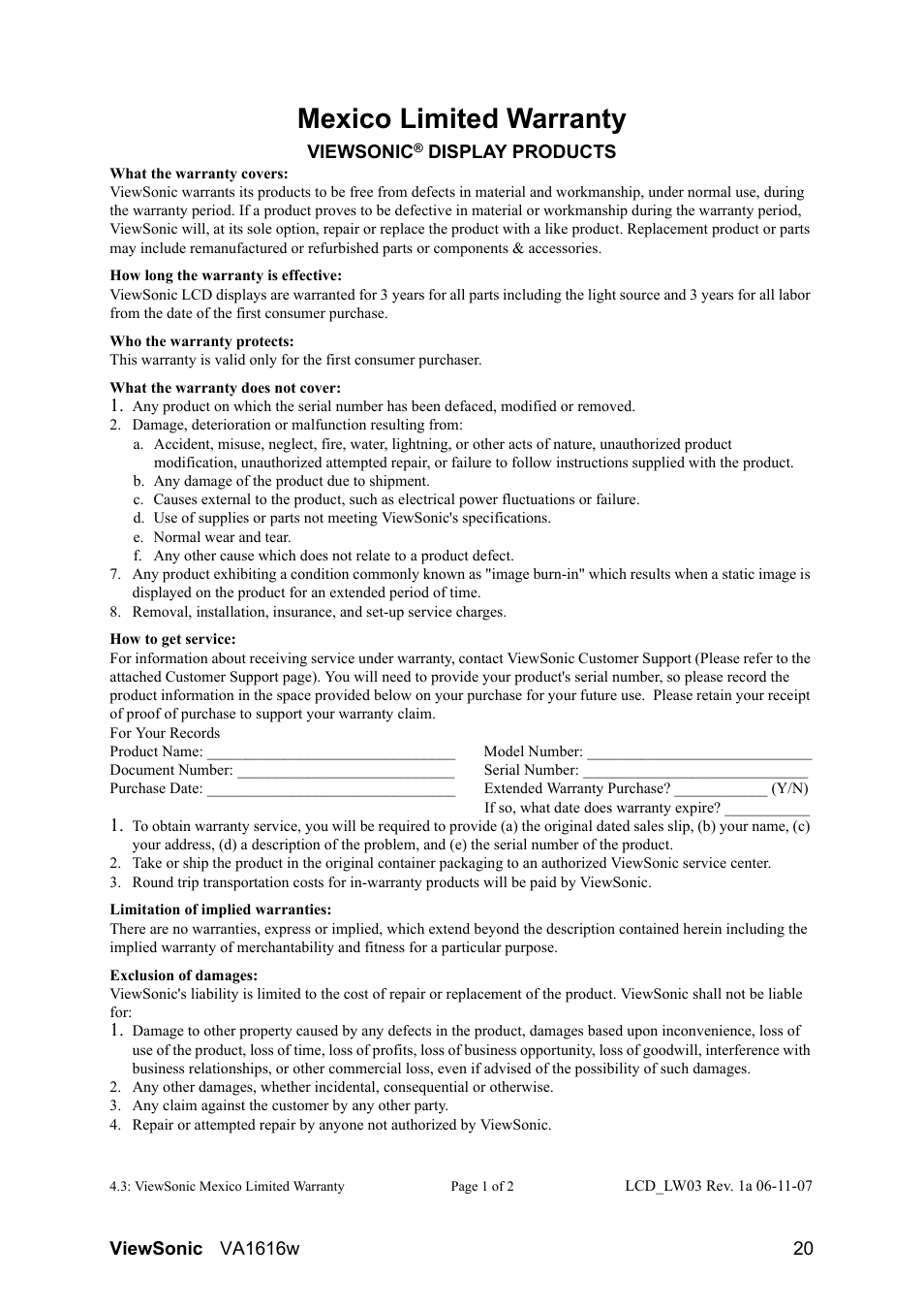 Mexico limited warranty | VIEWSONIC LCD DISPLAY VA1616W User Manual | Page 23 / 25