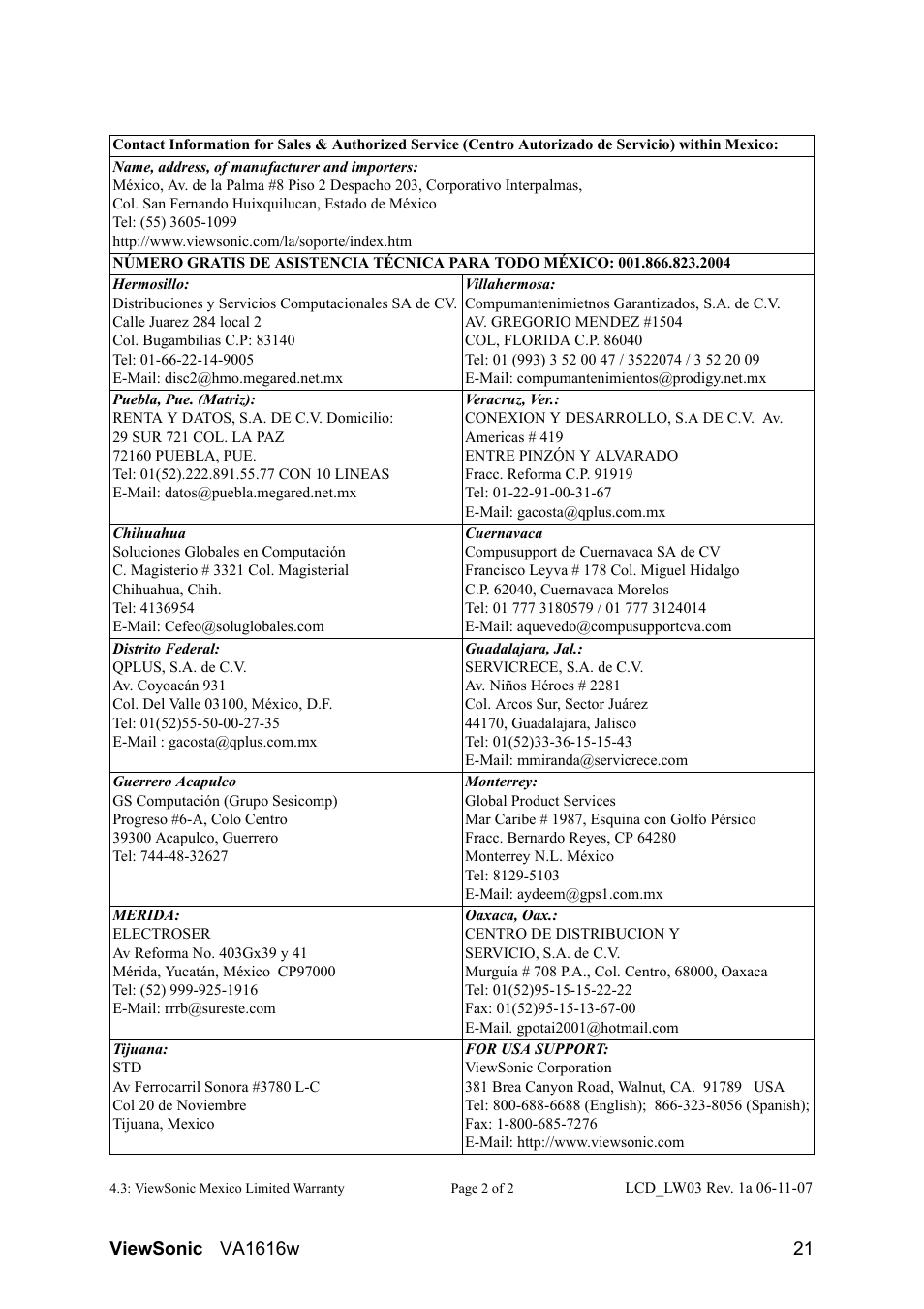 VIEWSONIC LCD DISPLAY VA1616W User Manual | Page 24 / 25