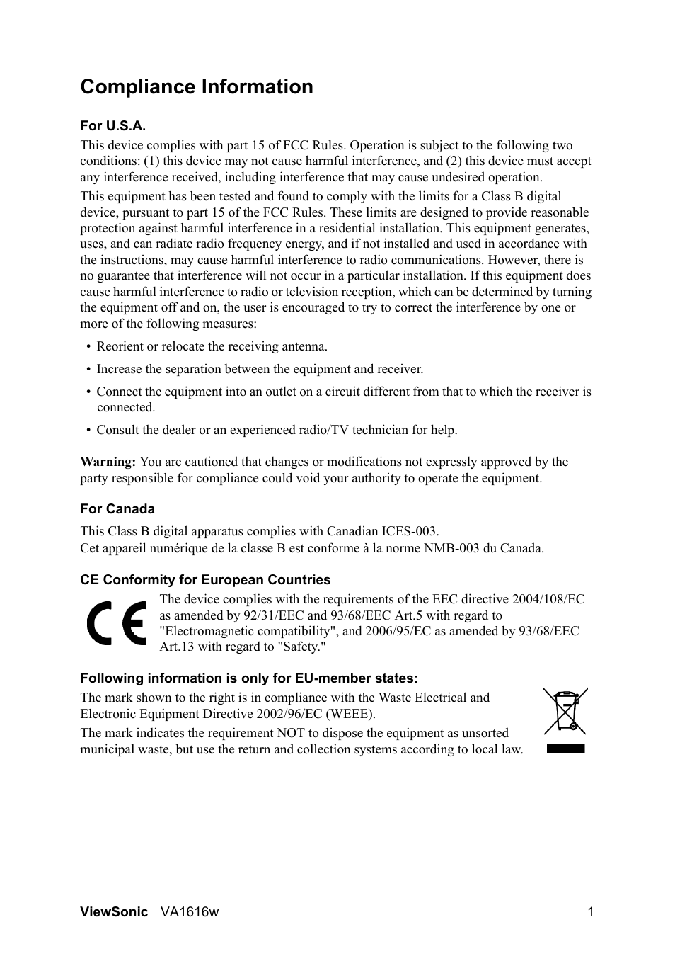 Compliance information | VIEWSONIC LCD DISPLAY VA1616W User Manual | Page 4 / 25