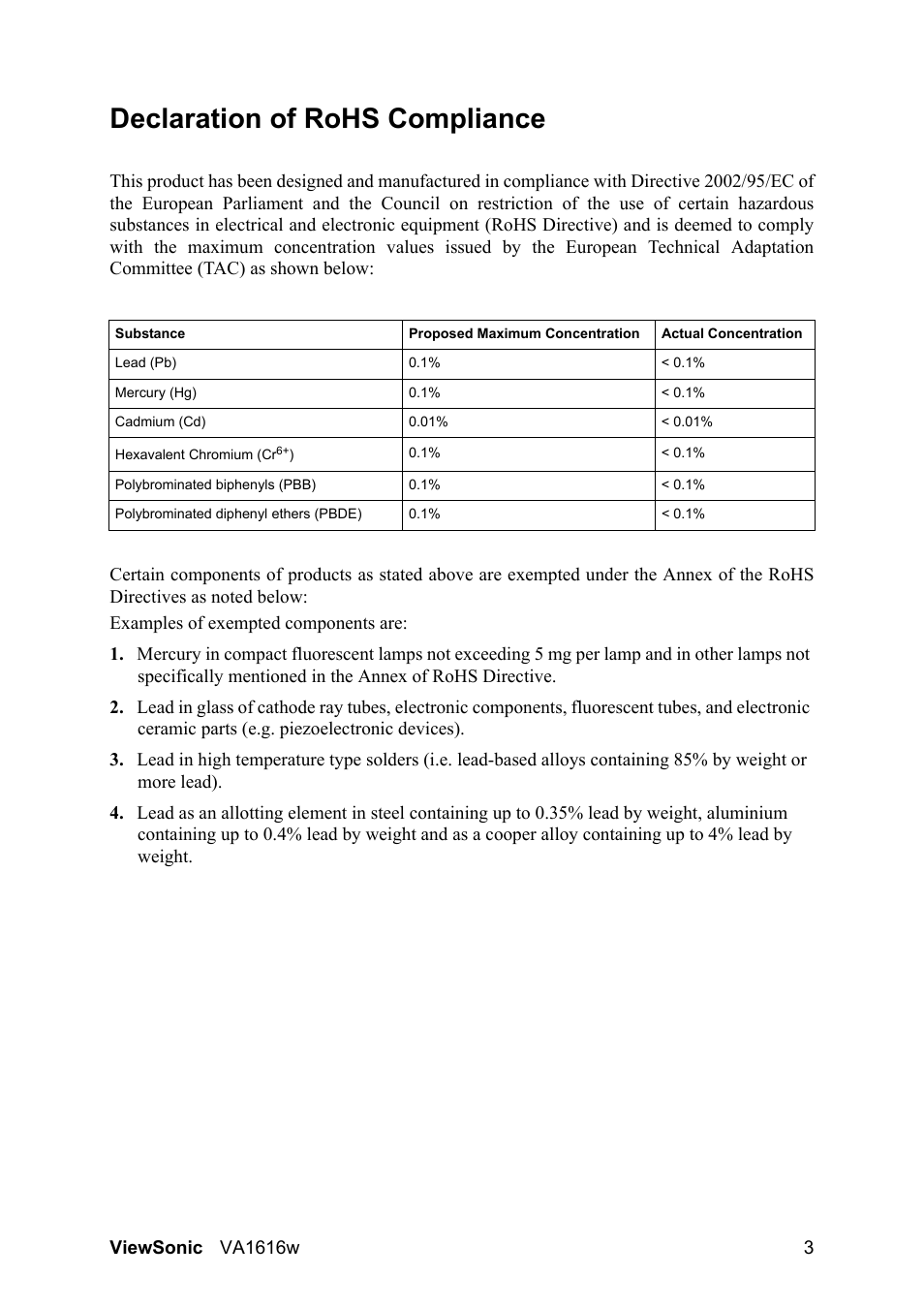 Declaration of rohs compliance | VIEWSONIC LCD DISPLAY VA1616W User Manual | Page 6 / 25