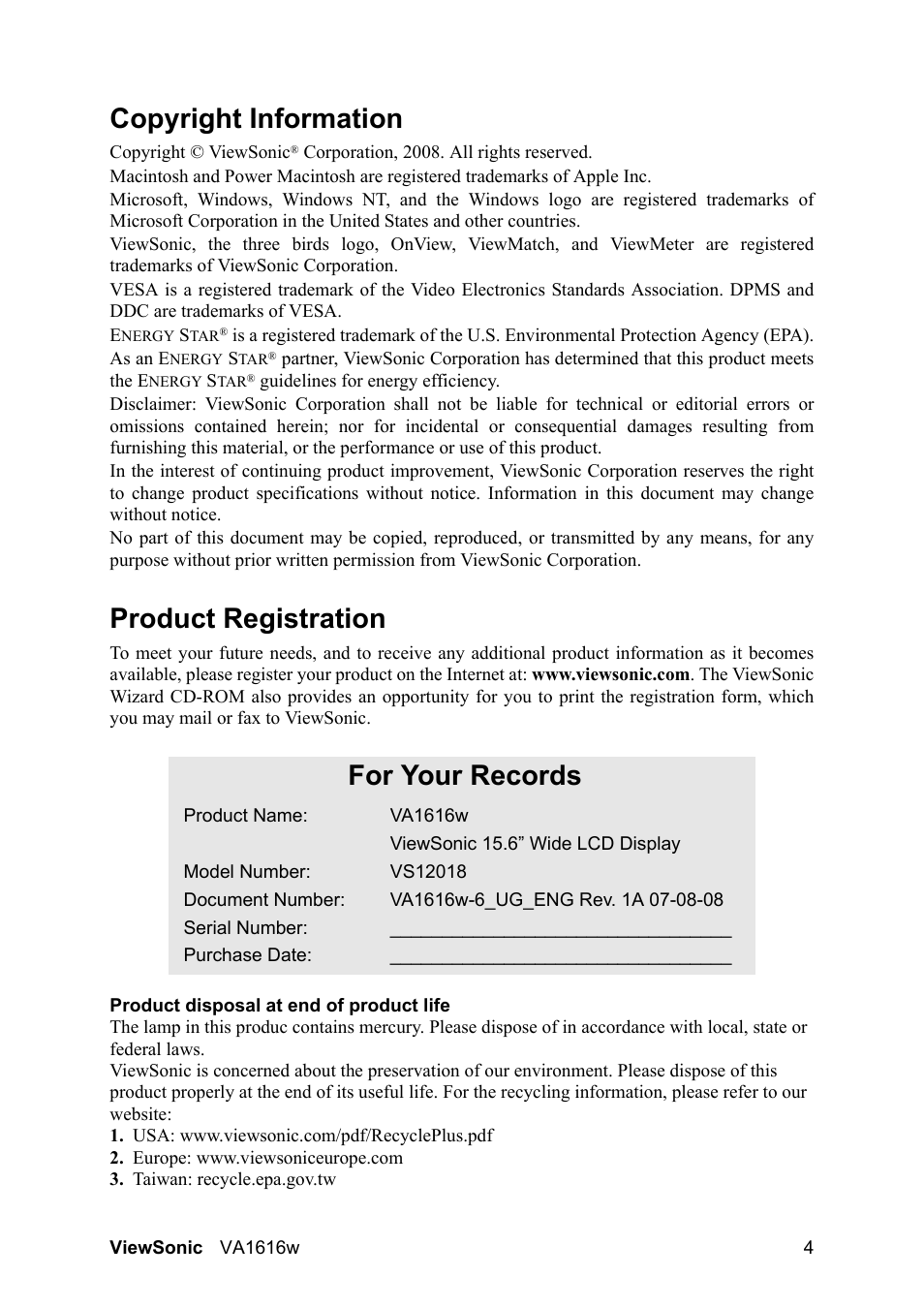 Copyright information, Product registration, For your records | VIEWSONIC LCD DISPLAY VA1616W User Manual | Page 7 / 25