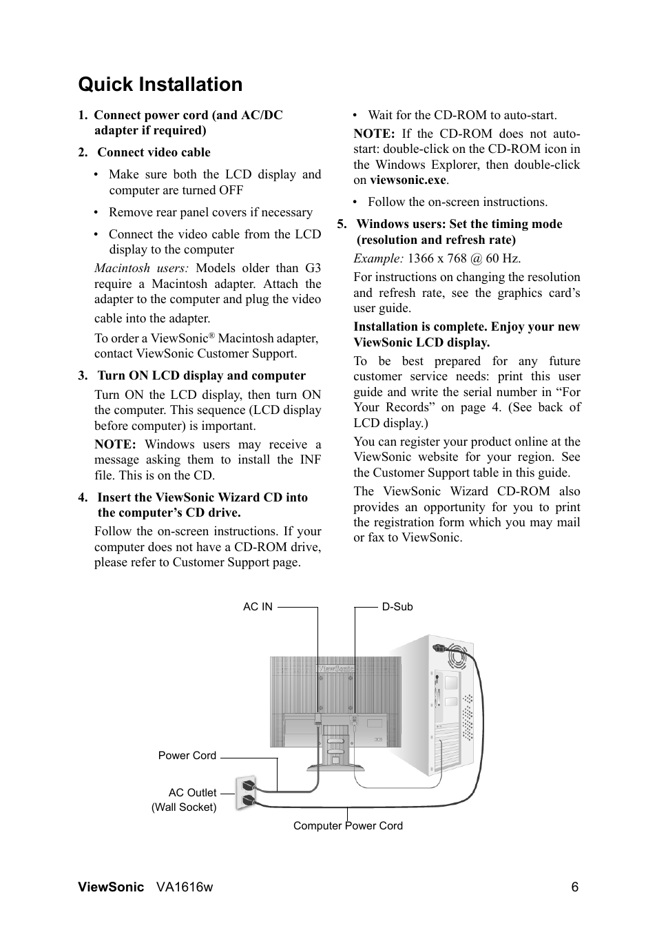 Quick installation | VIEWSONIC LCD DISPLAY VA1616W User Manual | Page 9 / 25