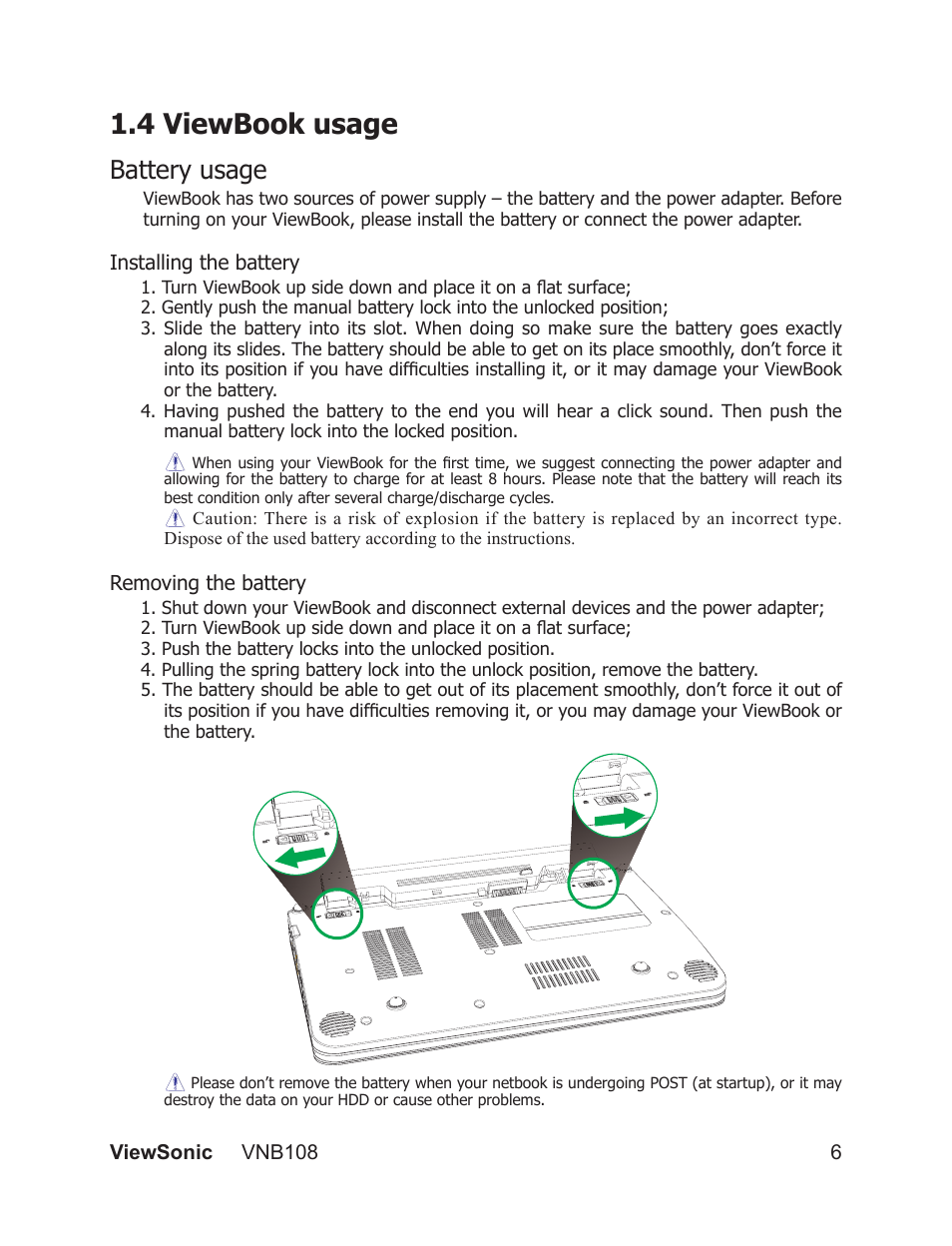 4 viewbook usage, Battery usage | VIEWSONIC VS13329 User Manual | Page 12 / 38