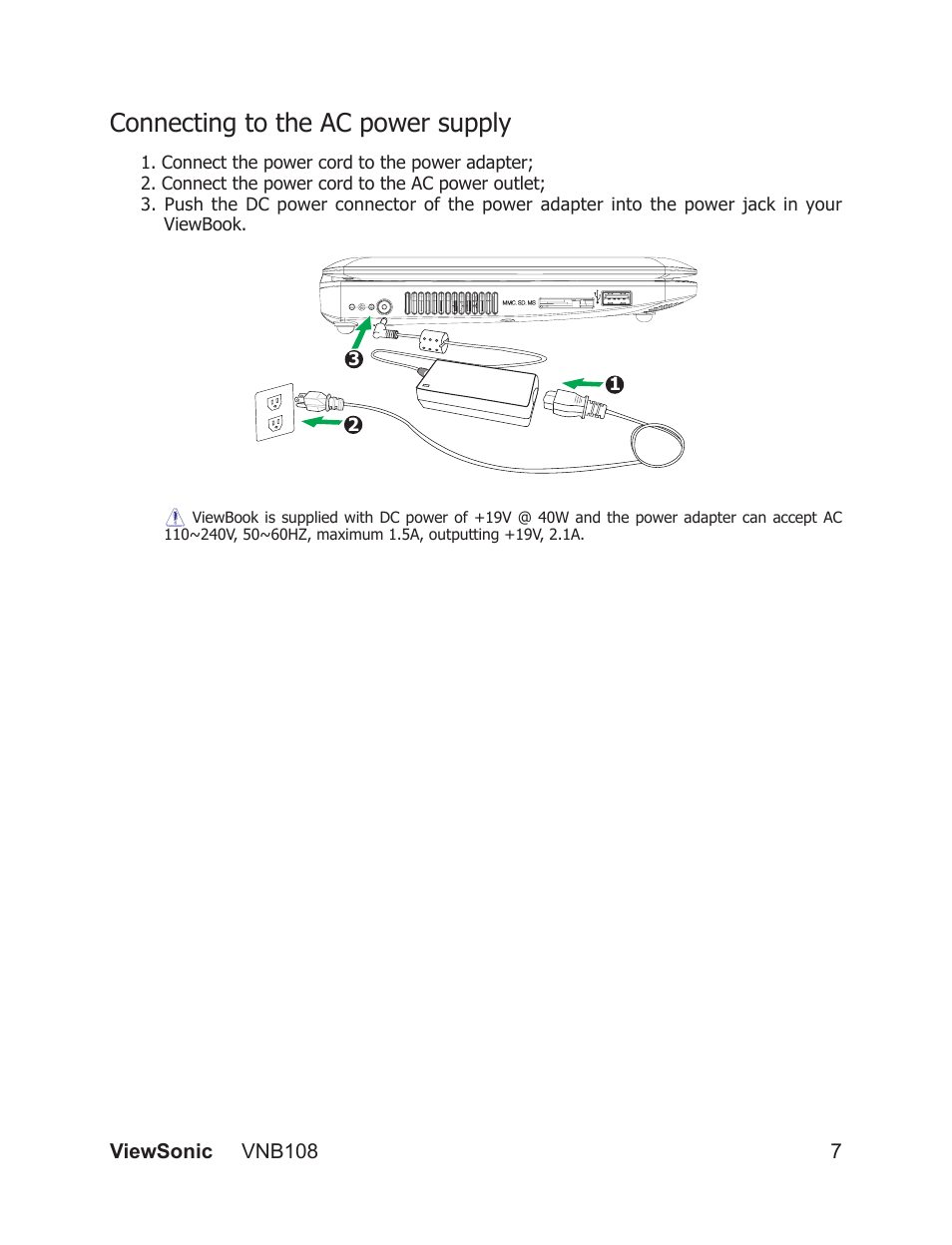 Connecting to the ac power supply | VIEWSONIC VS13329 User Manual | Page 13 / 38