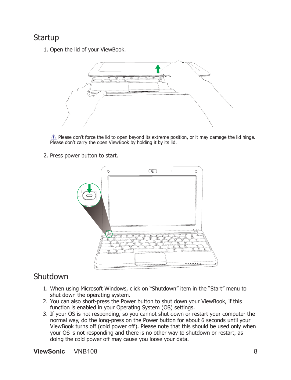 Shutdown, Startup | VIEWSONIC VS13329 User Manual | Page 14 / 38
