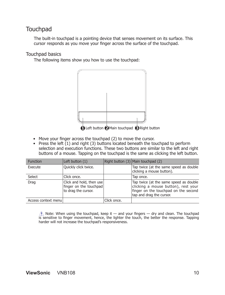 Touchpad, Touchpad basics | VIEWSONIC VS13329 User Manual | Page 16 / 38