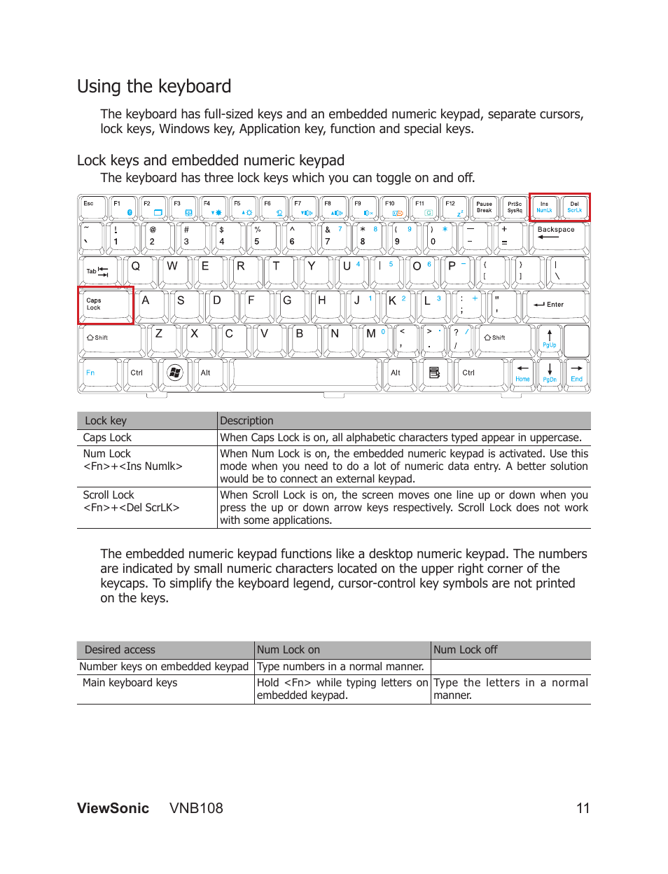 Using the keyboard, Lock keys and embedded numeric keypad | VIEWSONIC VS13329 User Manual | Page 17 / 38